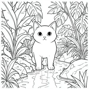 solo, chủ đề đơn, một đầu, hai mắt, hai tai, bốn chân, một đuôi, tỷ lệ tự nhiên, quy mô thích hợp trong môi trường, đúng giải phẫu, mèo, tán lá rậm rạp, thực vật nhiệt đới, lá khổng lồ, lọc ánh sáng mặt trời, rêu, đá, đá phong hóa, dòng suối quanh co, nước, phản chiếu, trang màu, nghệ thuật đường, nền trắng, solo, chủ đề đơn, đúng giải phẫu, giải phẫu hoàn hảo