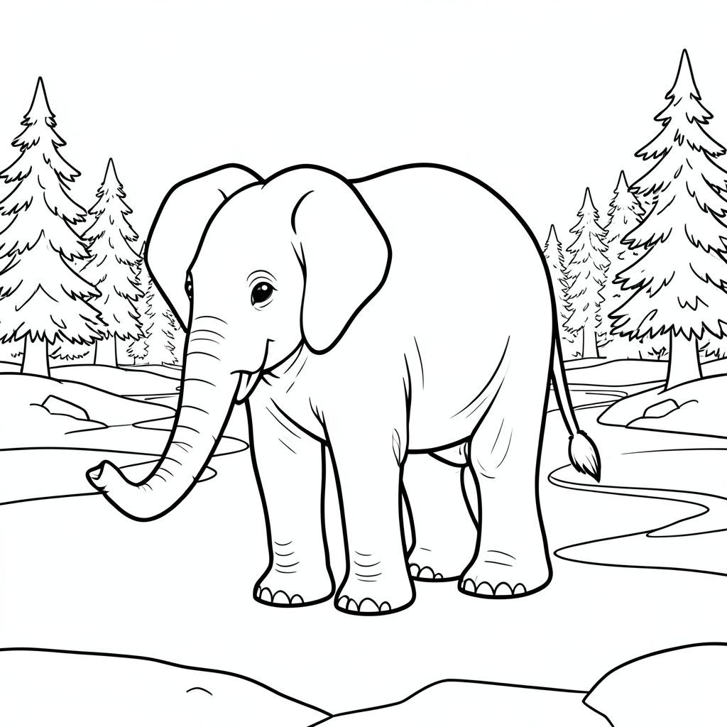 solo, một con voi, một đầu, hai mắt, hai tai lớn, một thân cây, bốn chân, một đuôi, bàn chân trên nền vững chắc, tỷ lệ tự nhiên, quy mô thích hợp trong môi trường, đúng về mặt giải phẫu, voi, Hồ đóng băng, tuyết, cây thông, mùa đông, rộng lớn, hoang vắng, phong cảnh, lạnh, băng giá, phản chiếu, trang màu, nghệ thuật đường, nền trắng, solo, chủ đề đơn, đúng về mặt giải phẫu, giải phẫu hoàn hảo