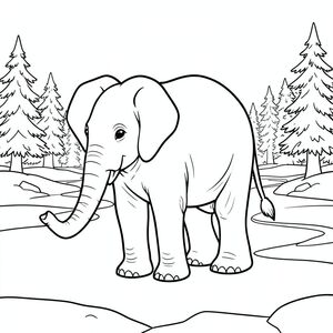 solo, một con voi, một đầu, hai mắt, hai tai lớn, một thân cây, bốn chân, một đuôi, bàn chân trên nền vững chắc, tỷ lệ tự nhiên, quy mô thích hợp trong môi trường, đúng về mặt giải phẫu, voi, Hồ đóng băng, tuyết, cây thông, mùa đông, rộng lớn, hoang vắng, phong cảnh, lạnh, băng giá, phản chiếu, trang màu, nghệ thuật đường, nền trắng, solo, chủ đề đơn, đúng về mặt giải phẫu, giải phẫu hoàn hảo