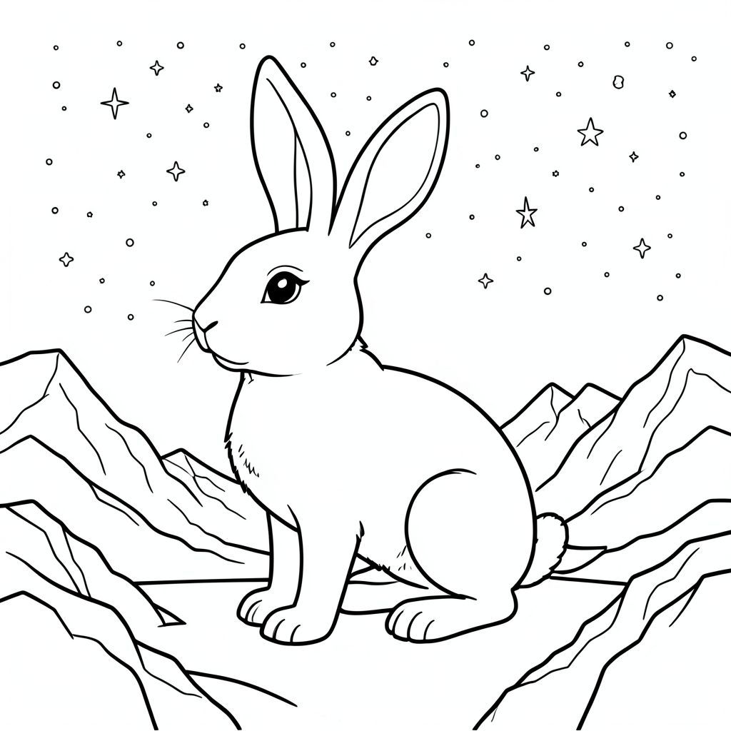 solo, chủ đề đơn, một đầu, hai mắt, hai tai, bốn chân, một đuôi, tỷ lệ tự nhiên, quy mô thích hợp trong môi trường, đúng giải phẫu, thỏ, đầy sao, thiên hà, bầu trời, núi, đá, sa mạc, im lặng, đỉnh, hình bóng, tiền cảnh, trang màu, nghệ thuật đường, nền trắng, solo, chủ đề đơn, đúng về mặt giải phẫu, giải phẫu hoàn hảo