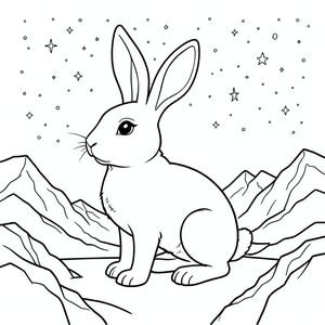 solo, chủ đề đơn, một đầu, hai mắt, hai tai, bốn chân, một đuôi, tỷ lệ tự nhiên, quy mô thích hợp trong môi trường, đúng giải phẫu, thỏ, đầy sao, thiên hà, bầu trời, núi, đá, sa mạc, im lặng, đỉnh, hình bóng, tiền cảnh, trang màu, nghệ thuật đường, nền trắng, solo, chủ đề đơn, đúng về mặt giải phẫu, giải phẫu hoàn hảo