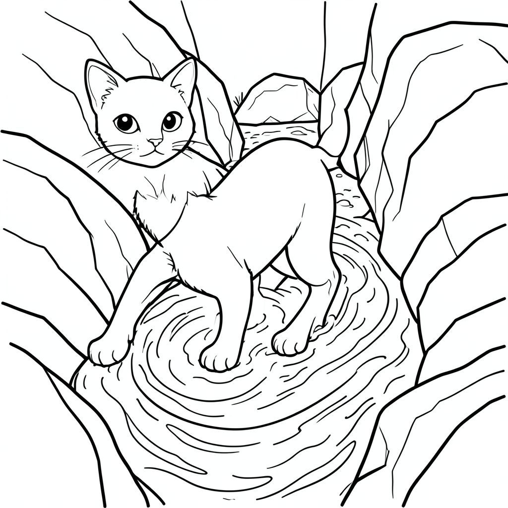 solo, chủ đề đơn, một đầu, hai mắt, hai tai, bốn chân, một đuôi, tỷ lệ tự nhiên, quy mô thích hợp trong môi trường, đúng giải phẫu, con mèo, Nước chảy xiết, ghềnh, đá granit, đá, cạnh răng cưa, lối đi hẹp, bề mặt trơn bóng, đá ướt, nước xoáy, mãnh liệt, trang màu, nghệ thuật đường, nền trắng, solo, chủ đề đơn, đúng giải phẫu, giải phẫu hoàn hảo