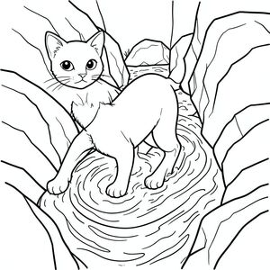 solo, chủ đề đơn, một đầu, hai mắt, hai tai, bốn chân, một đuôi, tỷ lệ tự nhiên, quy mô thích hợp trong môi trường, đúng giải phẫu, con mèo, Nước chảy xiết, ghềnh, đá granit, đá, cạnh răng cưa, lối đi hẹp, bề mặt trơn bóng, đá ướt, nước xoáy, mãnh liệt, trang màu, nghệ thuật đường, nền trắng, solo, chủ đề đơn, đúng giải phẫu, giải phẫu hoàn hảo