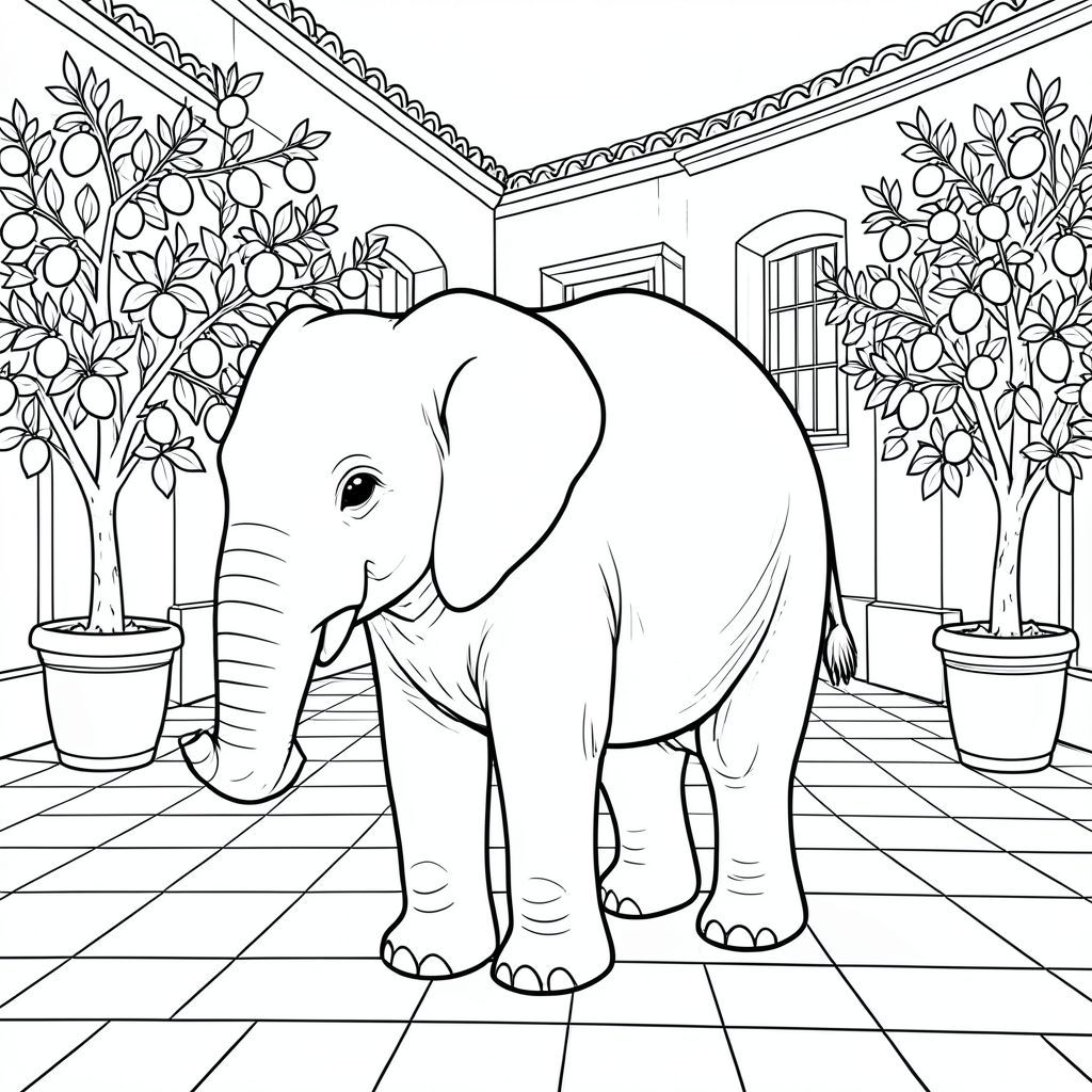 solo, một con voi, một đầu, hai mắt, hai tai lớn, một thân cây, bốn chân, một đuôi, chân trên mặt đất vững chắc, tỷ lệ tự nhiên, quy mô thích hợp trong môi trường, đúng về mặt giải phẫu, voi, Sàn lát gạch, sân, thuộc địa Tây Ban Nha, cây cam quýt, chậu, Ánh sáng mặt trời, thực tế, chi tiết, lý lịch, Kiến trúc, trang màu, nghệ thuật đường, nền trắng, solo, chủ đề đơn, đúng về mặt giải phẫu, giải phẫu hoàn hảo