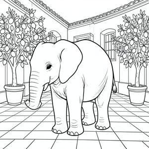 solo, một con voi, một đầu, hai mắt, hai tai lớn, một thân cây, bốn chân, một đuôi, chân trên mặt đất vững chắc, tỷ lệ tự nhiên, quy mô thích hợp trong môi trường, đúng về mặt giải phẫu, voi, Sàn lát gạch, sân, thuộc địa Tây Ban Nha, cây cam quýt, chậu, Ánh sáng mặt trời, thực tế, chi tiết, lý lịch, Kiến trúc, trang màu, nghệ thuật đường, nền trắng, solo, chủ đề đơn, đúng về mặt giải phẫu, giải phẫu hoàn hảo