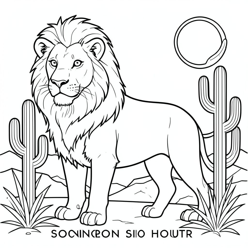 solo, chủ đề đơn, một đầu, hai mắt, hai tai, bốn chân, một đuôi, tỷ lệ tự nhiên, quy mô thích hợp trong môi trường, đúng giải phẫu, sư tử, sa mạc, Sonoran, xương rồng, giờ, phong cảnh, hình học, Art Deco, chi tiết, thực tế, hình minh họa, trang tô màu, nghệ thuật đường, nền trắng, solo, chủ đề đơn, đúng giải phẫu, giải phẫu hoàn hảo