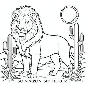 solo, chủ đề đơn, một đầu, hai mắt, hai tai, bốn chân, một đuôi, tỷ lệ tự nhiên, quy mô thích hợp trong môi trường, đúng giải phẫu, sư tử, sa mạc, Sonoran, xương rồng, giờ, phong cảnh, hình học, Art Deco, chi tiết, thực tế, hình minh họa, trang tô màu, nghệ thuật đường, nền trắng, solo, chủ đề đơn, đúng giải phẫu, giải phẫu hoàn hảo