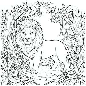 solo, chủ đề đơn, một đầu, hai mắt, hai tai, bốn chân, một đuôi, tỷ lệ tự nhiên, quy mô thích hợp trong môi trường, đúng giải phẫu, sư tử, tán lá rậm rạp, tán cây, dây leo, rễ, ánh sáng mặt trời, phối cảnh, chiều sâu, nhiều lớp, kết cấu, ẩm ướt, trang màu, nghệ thuật đường, nền trắng, solo, chủ đề đơn, đúng giải phẫu, giải phẫu hoàn hảo