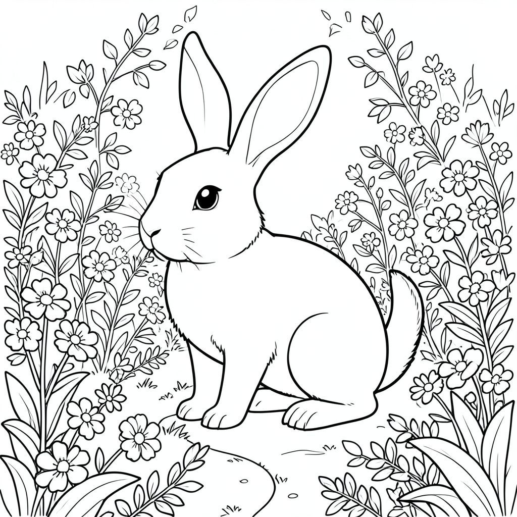 solo, chủ đề đơn, một đầu, hai mắt, hai tai, bốn chân, một đuôi, tỷ lệ tự nhiên, quy mô thích hợp trong môi trường, đúng giải phẫu, thỏ, vườn, đường quanh co, lót hoa, cây xanh tươi tốt, ánh sáng mặt trời, tán lá chi tiết, con đường, thiết kế phức tạp, yên bình, thanh bình, trang màu, nghệ thuật đường, nền trắng, solo, chủ đề đơn, đúng giải phẫu, giải phẫu hoàn hảo