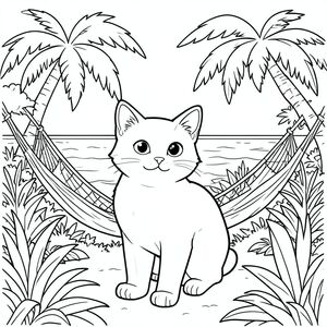 solo, chủ đề đơn, một đầu, hai mắt, hai tai, bốn chân, một đuôi, tỷ lệ tự nhiên, quy mô thích hợp trong môi trường, đúng giải phẫu, con mèo, biển, cây cọ, võng, pha lê rõ ràng, nhiệt đới, dày đặc, thảm thực vật, ánh sáng mặt trời, đại dương, lý lịch, trang màu, nghệ thuật đường, nền trắng, solo, chủ đề đơn, đúng giải phẫu, giải phẫu hoàn hảo