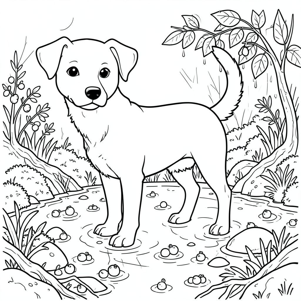 solo, chủ đề đơn, một đầu, hai mắt, hai tai, bốn chân, một đuôi, tỷ lệ tự nhiên, quy mô thích hợp trong môi trường, đúng giải phẫu, chó, đầm lầy nam việt quất, ngập lụt, quả mọng, nổi, nước, ướt, rêu, đá, rễ, ánh sáng mặt trời, trang màu, nghệ thuật đường, nền trắng, solo, chủ đề đơn, đúng về mặt giải phẫu, giải phẫu hoàn hảo