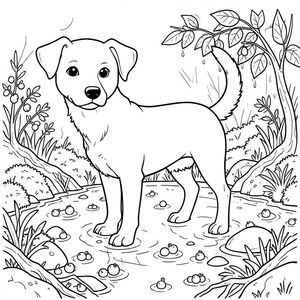 solo, chủ đề đơn, một đầu, hai mắt, hai tai, bốn chân, một đuôi, tỷ lệ tự nhiên, quy mô thích hợp trong môi trường, đúng giải phẫu, chó, đầm lầy nam việt quất, ngập lụt, quả mọng, nổi, nước, ướt, rêu, đá, rễ, ánh sáng mặt trời, trang màu, nghệ thuật đường, nền trắng, solo, chủ đề đơn, đúng về mặt giải phẫu, giải phẫu hoàn hảo