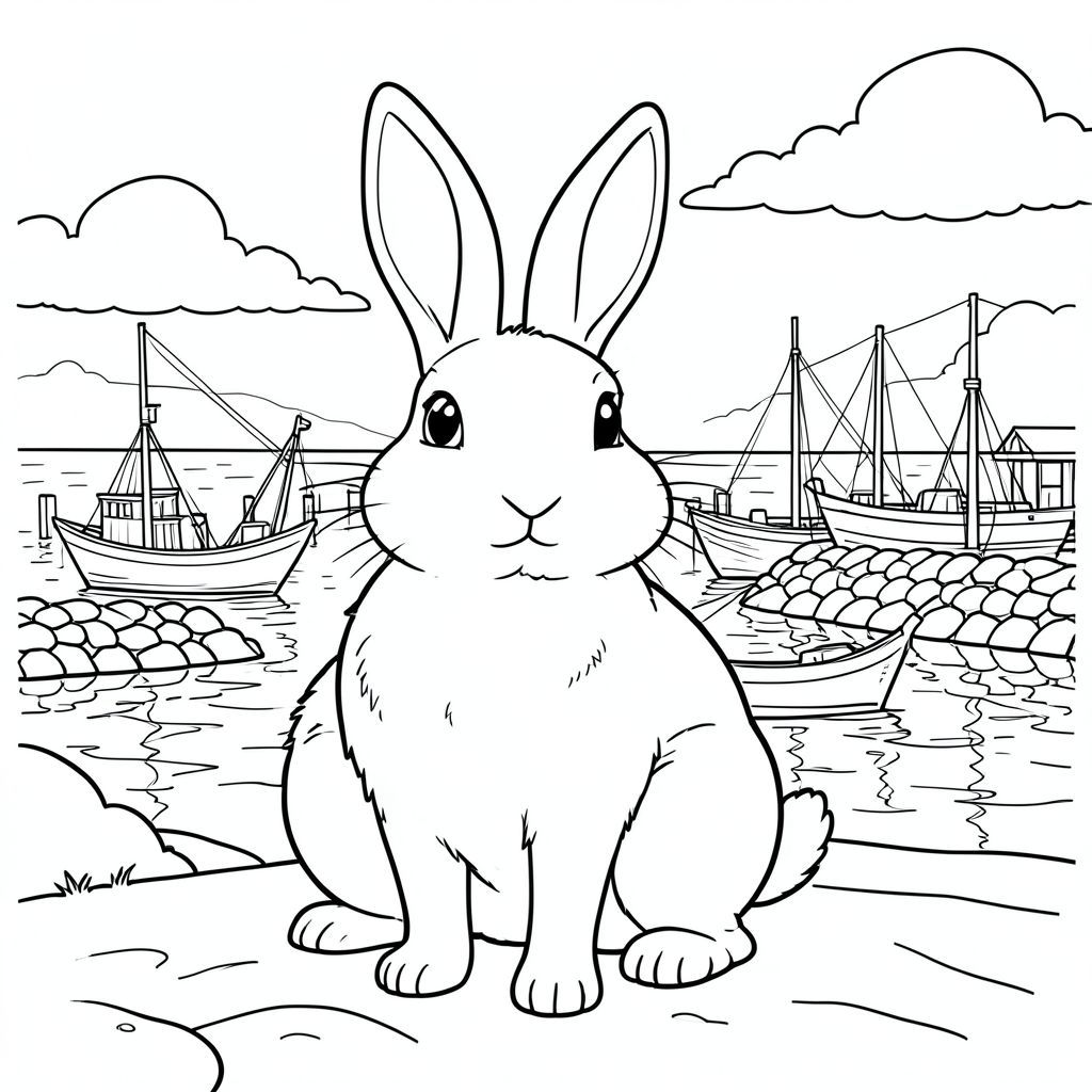 solo, chủ đề đơn, một đầu, hai mắt, hai tai, bốn chân, một đuôi, tỷ lệ tự nhiên, quy mô thích hợp trong môi trường, đúng giải phẫu, thỏ, Bến cảng bằng gỗ, bình minh, thuyền, đê chắn sóng đá, bờ biển, nước, bầu trời, mây, ánh sáng mặt trời, phản chiếu, trang màu, nghệ thuật đường, nền trắng, solo, chủ đề đơn, chính xác về mặt giải phẫu, giải phẫu hoàn hảo