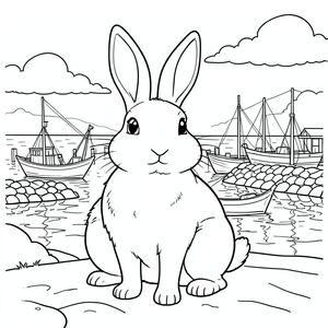 solo, chủ đề đơn, một đầu, hai mắt, hai tai, bốn chân, một đuôi, tỷ lệ tự nhiên, quy mô thích hợp trong môi trường, đúng giải phẫu, thỏ, Bến cảng bằng gỗ, bình minh, thuyền, đê chắn sóng đá, bờ biển, nước, bầu trời, mây, ánh sáng mặt trời, phản chiếu, trang màu, nghệ thuật đường, nền trắng, solo, chủ đề đơn, chính xác về mặt giải phẫu, giải phẫu hoàn hảo