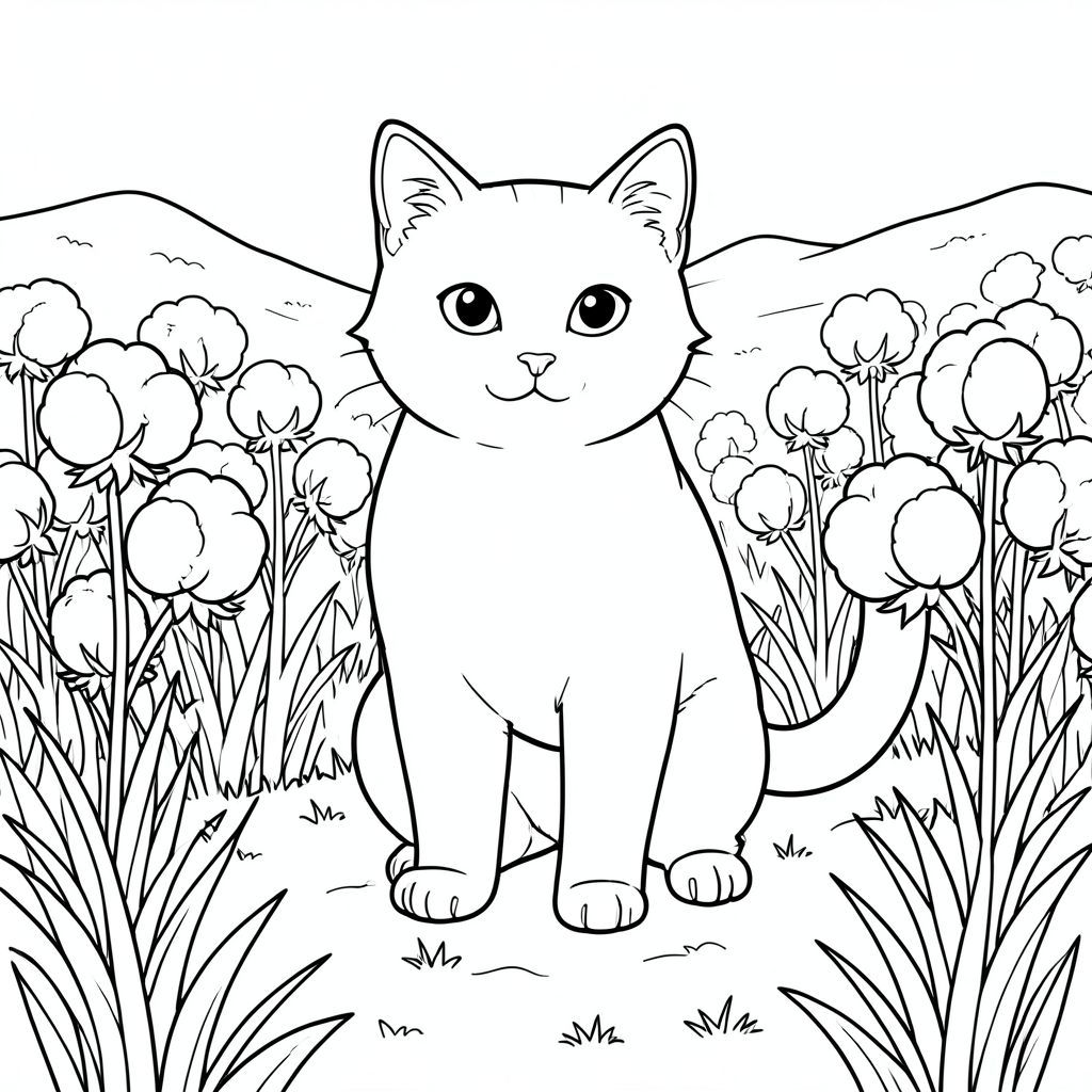 solo, chủ đề đơn, một đầu, hai mắt, hai tai, bốn chân, một đuôi, tỷ lệ tự nhiên, quy mô thích hợp trong môi trường, đúng giải phẫu, con mèo, Cánh đồng bông, quả bông mịn, trắng, mở rộng, rộng lớn, thanh thản, điềm tĩnh, kết cấu, cỏ, nhấp nhô, trang màu, nghệ thuật đường nét, nền trắng, solo, chủ đề đơn, đúng giải phẫu, giải phẫu hoàn hảo