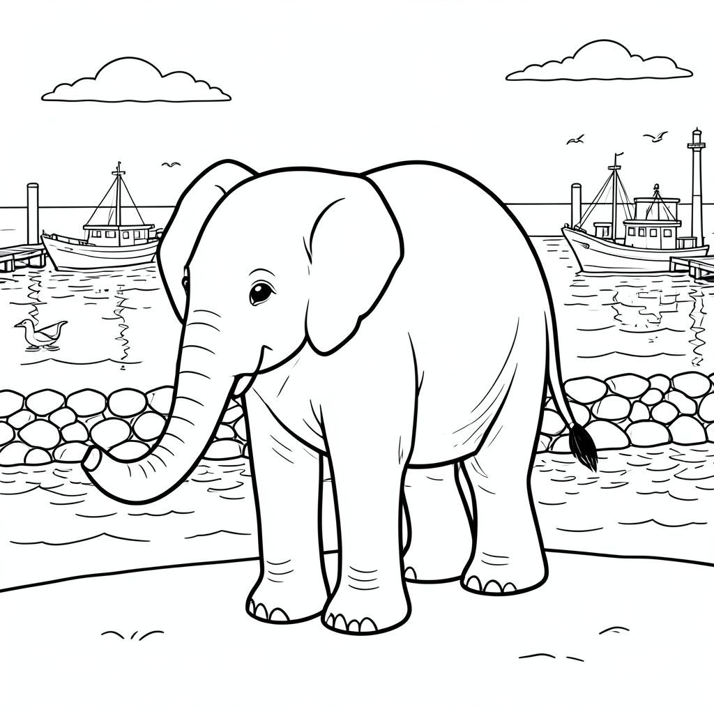 solo, một con voi, một đầu, hai mắt, hai tai lớn, một thân cây, bốn chân, một đuôi, chân trên nền vững chắc, tỷ lệ tự nhiên, quy mô thích hợp trong môi trường, đúng về mặt giải phẫu, voi, Bến tàu bằng gỗ, bến cảng, bình minh, Nước, thuyền, đê chắn sóng đá, mòng biển, sóng, ánh sáng mặt trời, phản chiếu, trang màu, nghệ thuật đường, nền trắng, solo, chủ đề đơn, đúng về mặt giải phẫu, giải phẫu hoàn hảo