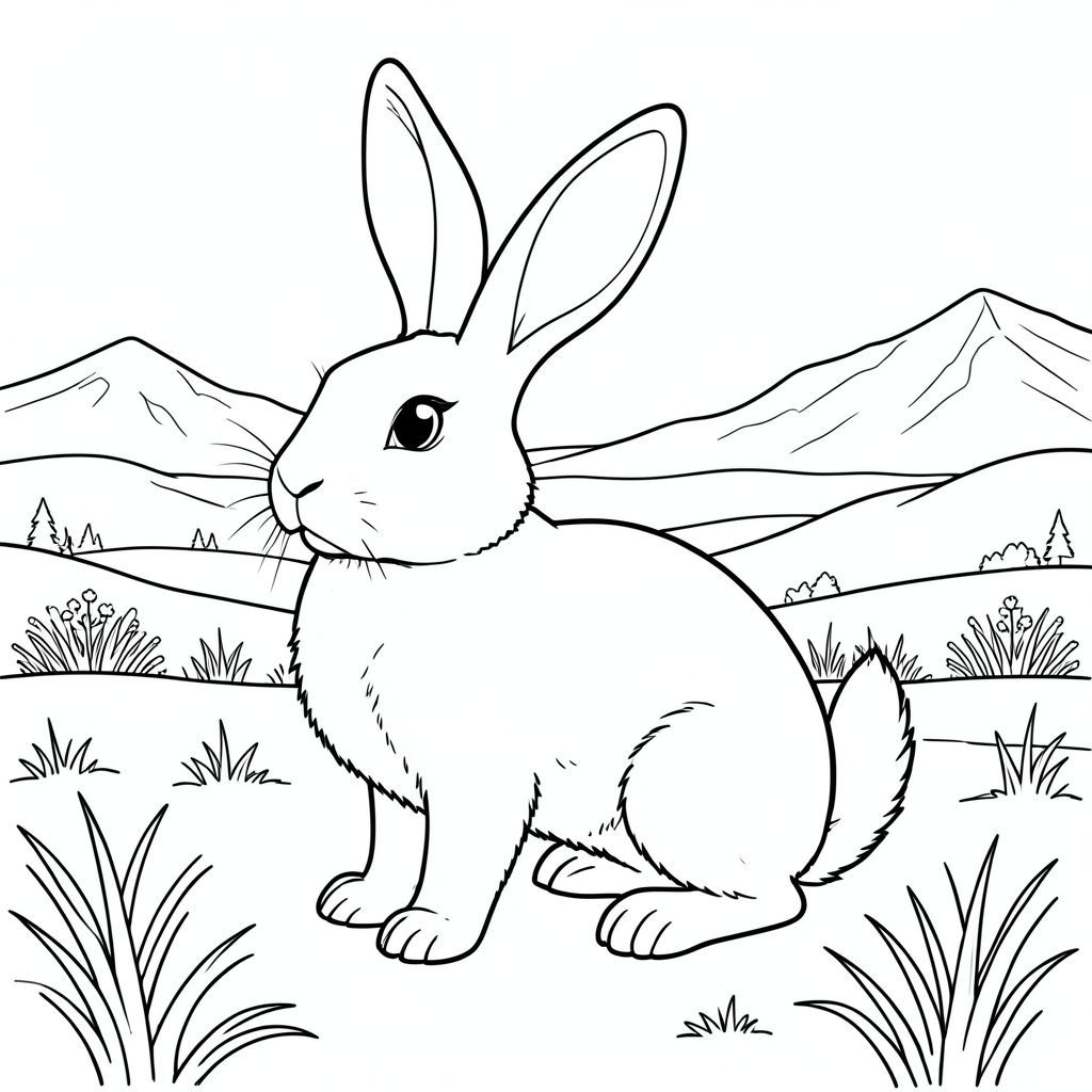 solo, chủ đề đơn, một đầu, hai mắt, hai tai, bốn chân, một đuôi, tỷ lệ tự nhiên, quy mô thích hợp trong môi trường, đúng giải phẫu, thỏ, thảo nguyên, tuyết, cỏ, núi, xa, phong cảnh, mùa đông, bầu trời quang đãng, rộng lớn, mở, tô màu, nghệ thuật đường, nền trắng, solo, chủ đề đơn, đúng giải phẫu, giải phẫu hoàn hảo