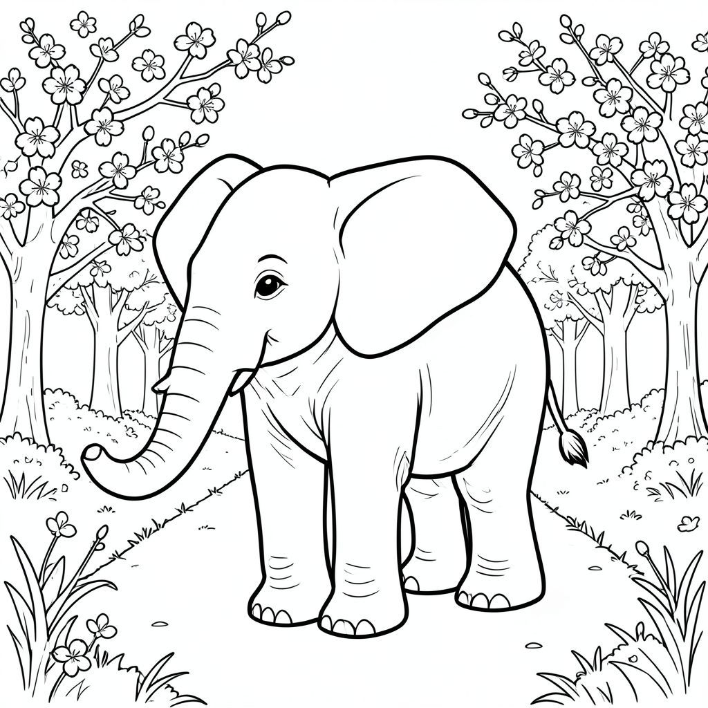 Độc lập, một con voi, một đầu, hai mắt, hai tai lớn, một thân cây, bốn chân, một đuôi, bàn chân trên mặt đất vững chắc, tỷ lệ tự nhiên, quy mô thích hợp trong môi trường, đúng về mặt giải phẫu, voi, hoa anh đào, cánh hoa, gió ấm, đại lộ, con đường, ánh sáng mặt trời, chi tiết, thực tế, Môi trường, phong cảnh, trang tô màu, nghệ thuật đường, nền trắng, solo, chủ đề đơn, đúng về mặt giải phẫu, giải phẫu hoàn hảo