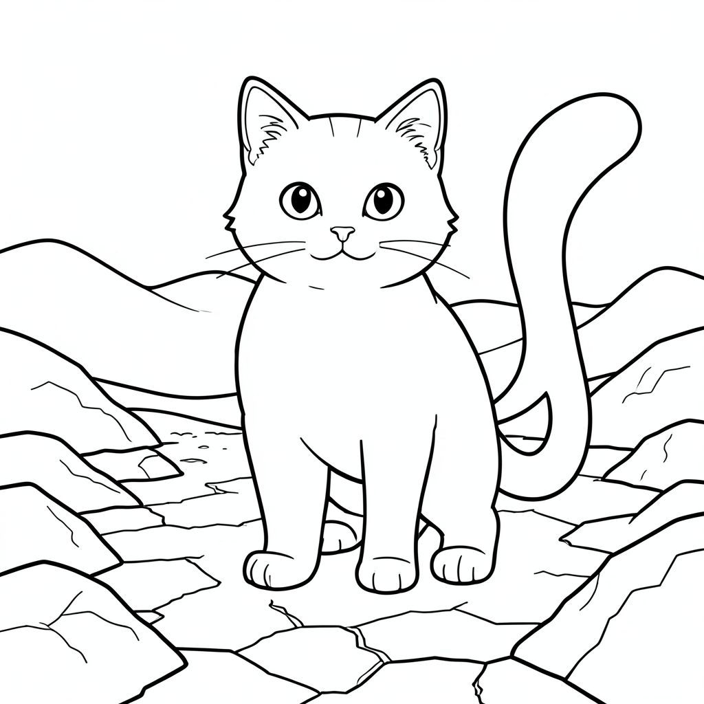 solo, chủ đề đơn, một đầu, hai mắt, hai tai, bốn chân, một đuôi, tỷ lệ tự nhiên, quy mô thích hợp trong môi trường, chính xác về mặt giải phẫu, con mèo, Sa mạc, thiêu đốt, sương mù nhiệt, ánh sáng mặt trời, mãnh liệt, khô, cát, cồn cát, đá, Trái đất nứt, trang màu, nghệ thuật đường, nền trắng, solo, chủ đề đơn, chính xác về mặt giải phẫu, giải phẫu hoàn hảo