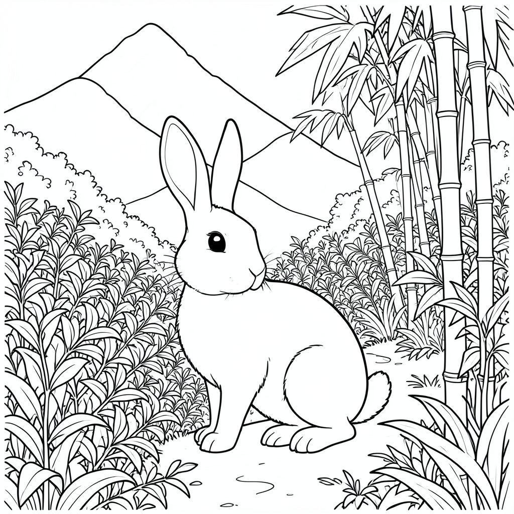 solo, chủ đề đơn, một đầu, hai mắt, hai tai, bốn chân, một đuôi, tỷ lệ tự nhiên, quy mô thích hợp trong môi trường, đúng giải phẫu, thỏ, sương mù, sườn nhiệt đới, núi, cây trà, tán lá rậm rạp, ánh sáng mặt trời, lốm đốm, con đường quanh co, tre, thân cây cao, trang màu, nghệ thuật đường nét, nền trắng, solo, chủ đề đơn, đúng giải phẫu, giải phẫu hoàn hảo