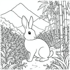 solo, chủ đề đơn, một đầu, hai mắt, hai tai, bốn chân, một đuôi, tỷ lệ tự nhiên, quy mô thích hợp trong môi trường, đúng giải phẫu, thỏ, sương mù, sườn nhiệt đới, núi, cây trà, tán lá rậm rạp, ánh sáng mặt trời, lốm đốm, con đường quanh co, tre, thân cây cao, trang màu, nghệ thuật đường nét, nền trắng, solo, chủ đề đơn, đúng giải phẫu, giải phẫu hoàn hảo