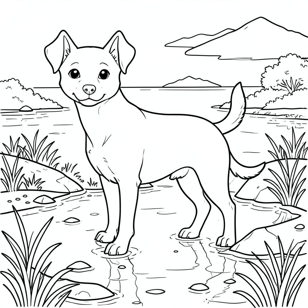 solo, chủ đề đơn, một đầu, hai mắt, hai tai, bốn chân, một đuôi, tỷ lệ tự nhiên, quy mô thích hợp trong môi trường, chính xác về mặt giải phẫu,, Vùng ngập lụt, nước nông, Đảo rải rác, đất khô, thảm thực vật, đá, bùn, ánh sáng mặt trời, phản chiếu, Nước, trang tô màu, nghệ thuật đường nét, nền trắng, solo, chủ đề đơn, chính xác về mặt giải phẫu, giải phẫu hoàn hảo