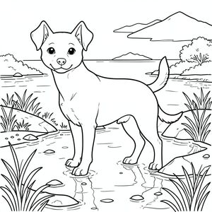 solo, chủ đề đơn, một đầu, hai mắt, hai tai, bốn chân, một đuôi, tỷ lệ tự nhiên, quy mô thích hợp trong môi trường, chính xác về mặt giải phẫu,, Vùng ngập lụt, nước nông, Đảo rải rác, đất khô, thảm thực vật, đá, bùn, ánh sáng mặt trời, phản chiếu, Nước, trang tô màu, nghệ thuật đường nét, nền trắng, solo, chủ đề đơn, chính xác về mặt giải phẫu, giải phẫu hoàn hảo