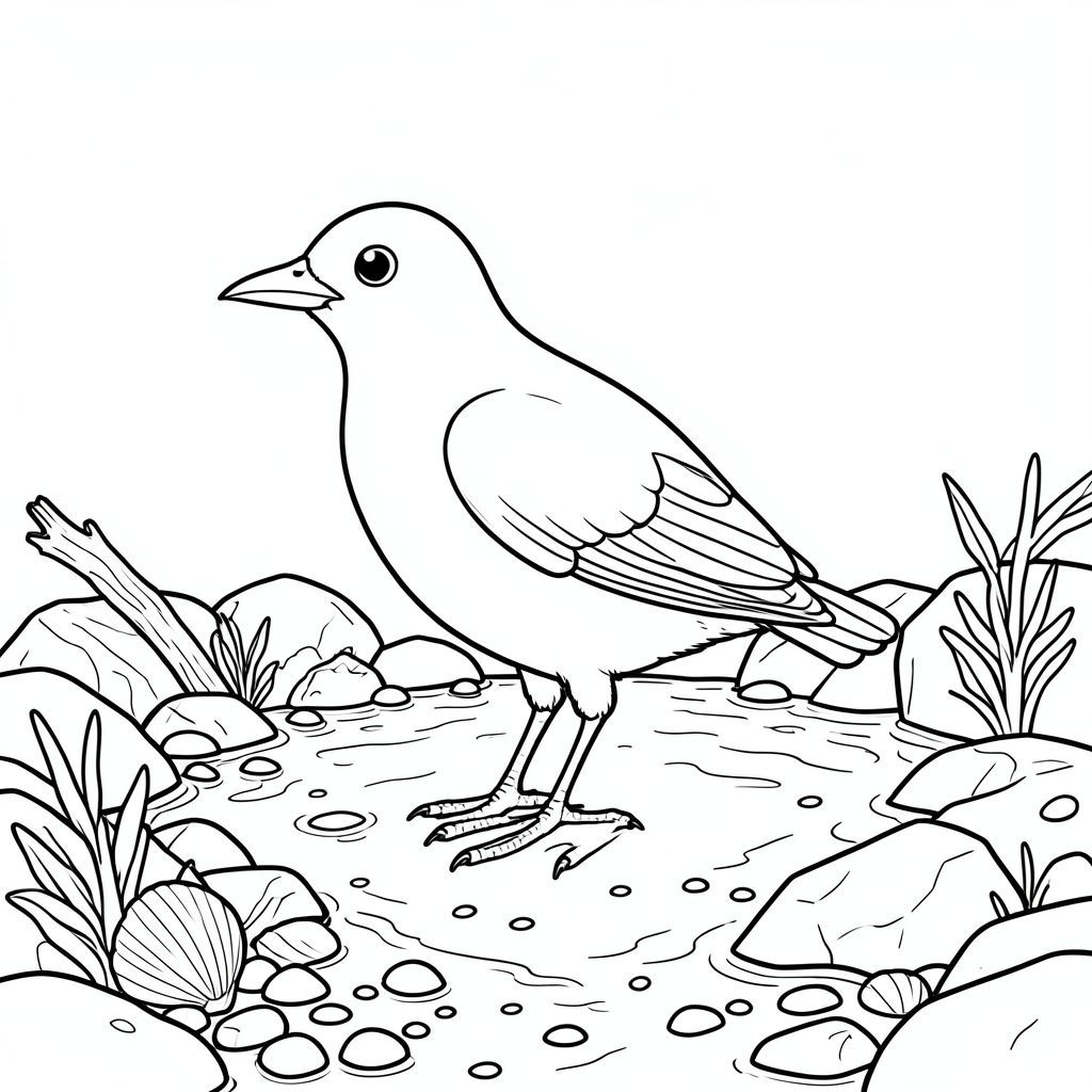 solo, một con chim, một đầu, hai mắt, một mỏ, hai cánh, hai chân, một đuôi, tỷ lệ tự nhiên, quy mô thích hợp trong môi trường, đúng giải phẫu, chim, Đường bờ biển đá, thủy triều, đá, đá cuội, rong biển, vỏ sò, lũa, cát ướt, đá, nước nông, trang màu, nghệ thuật đường, nền trắng, solo, chủ đề đơn, đúng giải phẫu, giải phẫu hoàn hảo