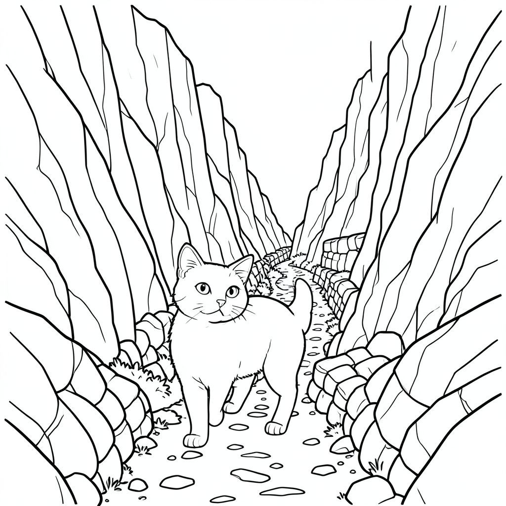 solo, chủ đề đơn, một đầu, hai mắt, hai tai, bốn chân, một đuôi, tỷ lệ tự nhiên, quy mô thích hợp trong môi trường, đúng giải phẫu, con mèo, Dãy núi đá, vách đá dốc, đường mòn hẹp, phong cảnh hoang vắng, địa hình gồ ghề, mặt đá thẳng đứng, lối đi hẹp, con đường quanh co, tường đá, ánh sáng mặt trời, trang màu, nghệ thuật đường, nền trắng, solo, chủ đề đơn, đúng về mặt giải phẫu, giải phẫu hoàn hảo