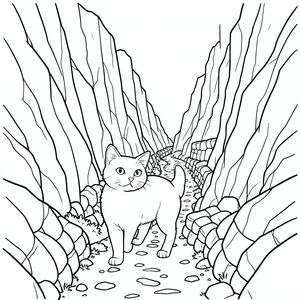 solo, chủ đề đơn, một đầu, hai mắt, hai tai, bốn chân, một đuôi, tỷ lệ tự nhiên, quy mô thích hợp trong môi trường, đúng giải phẫu, con mèo, Dãy núi đá, vách đá dốc, đường mòn hẹp, phong cảnh hoang vắng, địa hình gồ ghề, mặt đá thẳng đứng, lối đi hẹp, con đường quanh co, tường đá, ánh sáng mặt trời, trang màu, nghệ thuật đường, nền trắng, solo, chủ đề đơn, đúng về mặt giải phẫu, giải phẫu hoàn hảo