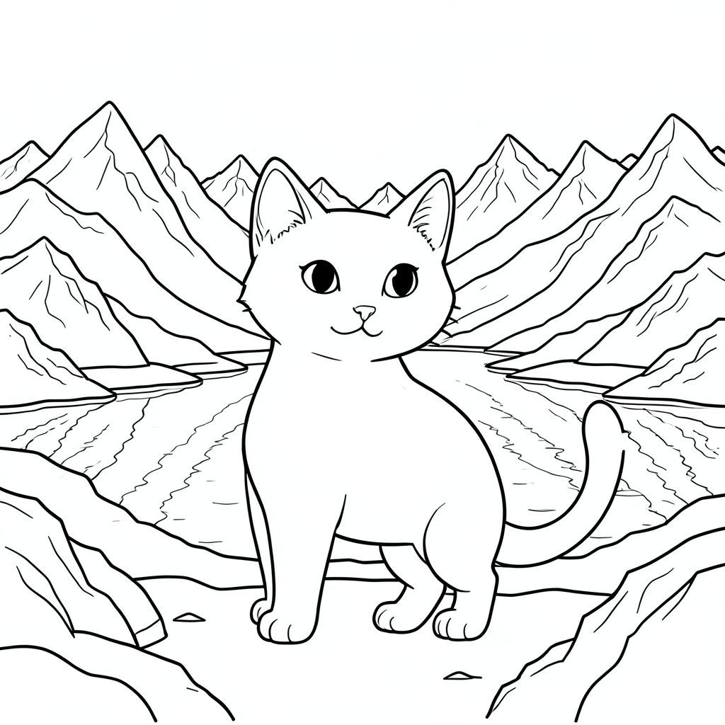 solo, chủ đề đơn, một đầu, hai mắt, hai tai, bốn chân, một đuôi, tỷ lệ tự nhiên, quy mô thích hợp trong môi trường, đúng giải phẫu, con mèo, Núi, hồ, tuyết, Đỉnh, răng cưa, phản chiếu, lạnh, hoang vắng, rộng lớn, Mở rộng, trang tô màu, nghệ thuật đường, nền trắng, solo, chủ đề đơn, đúng về mặt giải phẫu, giải phẫu hoàn hảo