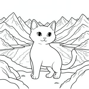 solo, chủ đề đơn, một đầu, hai mắt, hai tai, bốn chân, một đuôi, tỷ lệ tự nhiên, quy mô thích hợp trong môi trường, đúng giải phẫu, con mèo, Núi, hồ, tuyết, Đỉnh, răng cưa, phản chiếu, lạnh, hoang vắng, rộng lớn, Mở rộng, trang tô màu, nghệ thuật đường, nền trắng, solo, chủ đề đơn, đúng về mặt giải phẫu, giải phẫu hoàn hảo