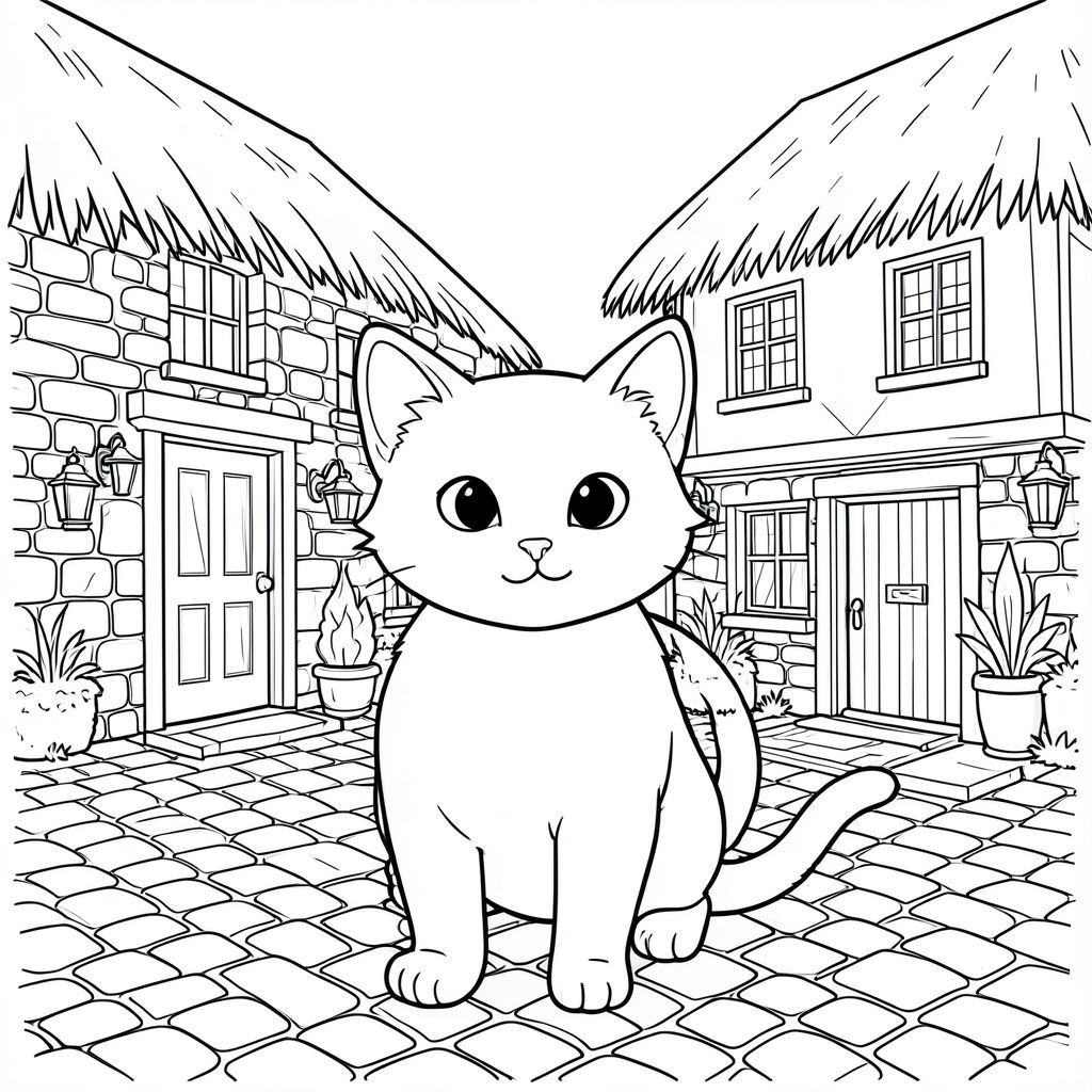 solo, chủ đề đơn, một đầu, hai mắt, hai tai, bốn chân, một đuôi, tỷ lệ tự nhiên, quy mô thích hợp trong môi trường, đúng giải phẫu, con mèo, Tường đá, làng, mái tranh, quán rượu cũ, đường lát đá cuội, Gỗ, Cửa sổ, Ô cửa, đèn lồng, lửa, trang tô màu, nghệ thuật đường, nền trắng, solo, chủ đề đơn, đúng về mặt giải phẫu, giải phẫu hoàn hảo