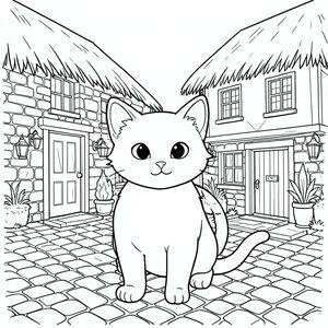 solo, chủ đề đơn, một đầu, hai mắt, hai tai, bốn chân, một đuôi, tỷ lệ tự nhiên, quy mô thích hợp trong môi trường, đúng giải phẫu, con mèo, Tường đá, làng, mái tranh, quán rượu cũ, đường lát đá cuội, Gỗ, Cửa sổ, Ô cửa, đèn lồng, lửa, trang tô màu, nghệ thuật đường, nền trắng, solo, chủ đề đơn, đúng về mặt giải phẫu, giải phẫu hoàn hảo