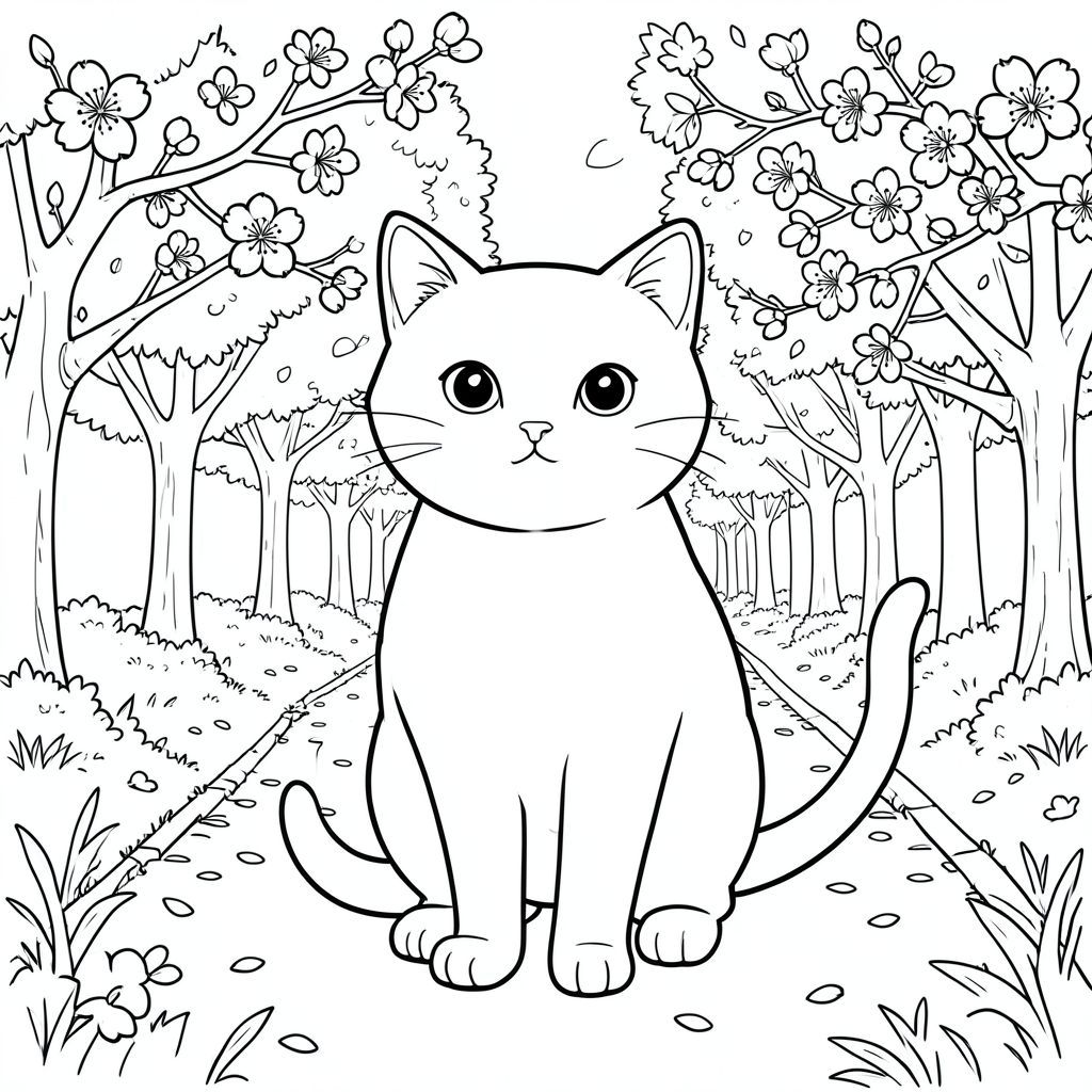 solo, chủ đề đơn, một đầu, hai mắt, hai tai, bốn chân, một đuôi, tỷ lệ tự nhiên, quy mô thích hợp trong môi trường, đúng giải phẫu, con mèo, hoa anh đào, cánh hoa, gió ấm, đại lộ, con đường, chi tiết, thực tế, Môi trường, ánh sáng mặt trời, lốm đốm, trang màu, nghệ thuật đường, nền trắng, solo, chủ đề đơn, chính xác về mặt giải phẫu, giải phẫu hoàn hảo