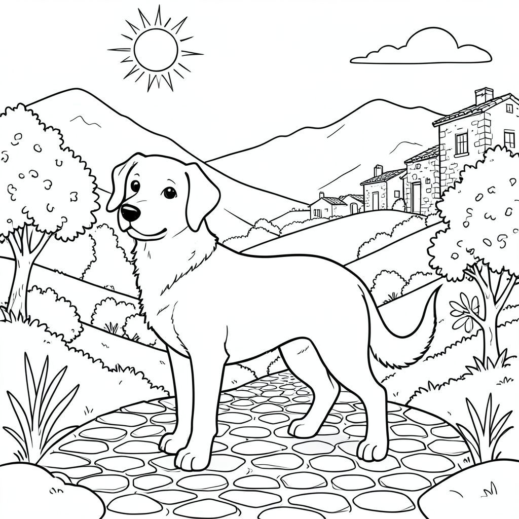 solo, chủ đề đơn, một đầu, hai mắt, hai tai, bốn chân, một đuôi, tỷ lệ tự nhiên, quy mô thích hợp trong môi trường, đúng giải phẫu,, cây cối, đồi thoai thoải, bầu trời nắng, phong cảnh Địa Trung Hải, rộng mở, rõ ràng, những ngọn núi xa xôi, các tòa nhà mộc mạc, đá phong hóa, đường lát đá cuội, trang màu, nghệ thuật đường, nền trắng, solo, chủ đề đơn, đúng về mặt giải phẫu, giải phẫu hoàn hảo