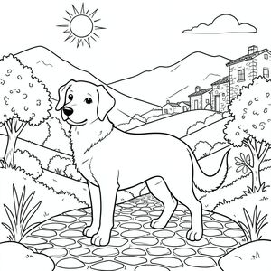 solo, chủ đề đơn, một đầu, hai mắt, hai tai, bốn chân, một đuôi, tỷ lệ tự nhiên, quy mô thích hợp trong môi trường, đúng giải phẫu,, cây cối, đồi thoai thoải, bầu trời nắng, phong cảnh Địa Trung Hải, rộng mở, rõ ràng, những ngọn núi xa xôi, các tòa nhà mộc mạc, đá phong hóa, đường lát đá cuội, trang màu, nghệ thuật đường, nền trắng, solo, chủ đề đơn, đúng về mặt giải phẫu, giải phẫu hoàn hảo