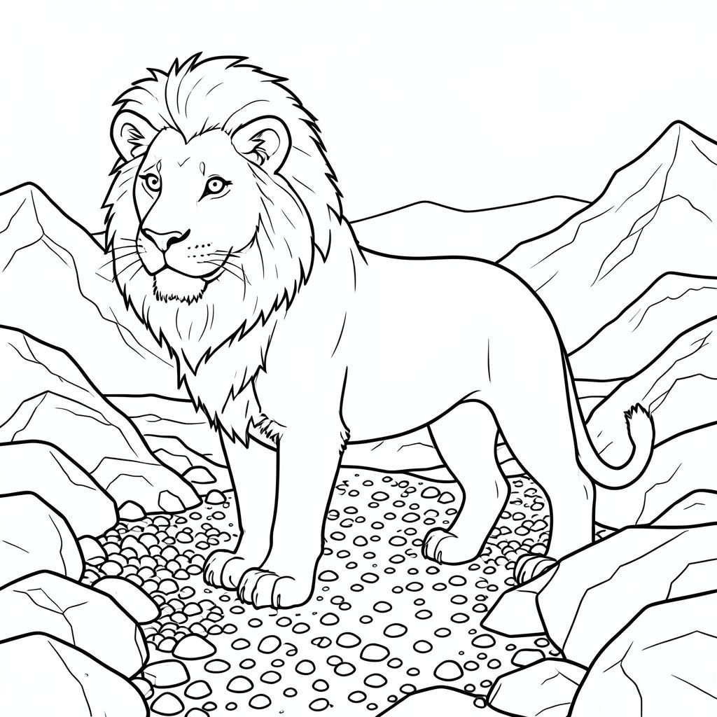 solo, chủ đề đơn, một đầu, hai mắt, hai tai, bốn chân, một đuôi, tỷ lệ tự nhiên, quy mô thích hợp trong môi trường, đúng giải phẫu, sư tử, băng hà, moraine, tảng đá, sỏi, đá, tuyết, băng, phong cảnh, hoang vắng, cằn cỗi, tô màu, nghệ thuật đường, nền trắng, solo, chủ đề đơn, đúng giải phẫu, giải phẫu hoàn hảo