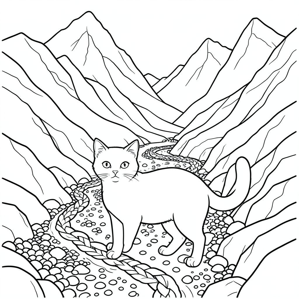 solo, chủ đề đơn, một đầu, hai mắt, hai tai, bốn chân, một đuôi, tỷ lệ tự nhiên, quy mô thích hợp trong môi trường, đúng giải phẫu, con mèo, Thung lũng, núi, sông băng, bện, sỏi, đá, dốc, dốc, ánh sáng mặt trời, chi tiết, trang màu, nghệ thuật đường, nền trắng, solo, chủ đề đơn, đúng về mặt giải phẫu, giải phẫu hoàn hảo