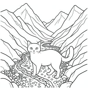 solo, chủ đề đơn, một đầu, hai mắt, hai tai, bốn chân, một đuôi, tỷ lệ tự nhiên, quy mô thích hợp trong môi trường, đúng giải phẫu, con mèo, Thung lũng, núi, sông băng, bện, sỏi, đá, dốc, dốc, ánh sáng mặt trời, chi tiết, trang màu, nghệ thuật đường, nền trắng, solo, chủ đề đơn, đúng về mặt giải phẫu, giải phẫu hoàn hảo