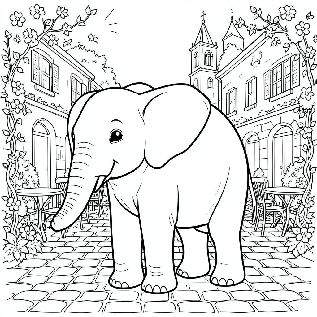 solo, một con voi, một đầu, hai mắt, hai tai lớn, một thân cây, bốn chân, một đuôi, chân trên mặt đất vững chắc, tỷ lệ tự nhiên, quy mô thích hợp trong môi trường, đúng về mặt giải phẫu, voi, Quảng trường, quán cà phê ngoài trời, bàn, tháp chuông, đá cuội, đá, ánh sáng mặt trời, ấm áp, hoa, dây leo, trang màu, nghệ thuật đường, nền trắng, solo, chủ đề đơn, đúng về mặt giải phẫu, giải phẫu hoàn hảo