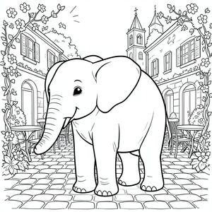 solo, một con voi, một đầu, hai mắt, hai tai lớn, một thân cây, bốn chân, một đuôi, chân trên mặt đất vững chắc, tỷ lệ tự nhiên, quy mô thích hợp trong môi trường, đúng về mặt giải phẫu, voi, Quảng trường, quán cà phê ngoài trời, bàn, tháp chuông, đá cuội, đá, ánh sáng mặt trời, ấm áp, hoa, dây leo, trang màu, nghệ thuật đường, nền trắng, solo, chủ đề đơn, đúng về mặt giải phẫu, giải phẫu hoàn hảo