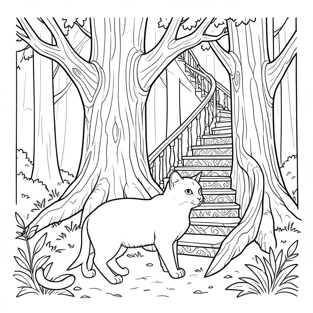 solo, chủ đề đơn, một đầu, hai mắt, hai tai, bốn chân, một đuôi, tỷ lệ tự nhiên, quy mô thích hợp trong môi trường, đúng giải phẫu, con mèo, cây cổ thụ, cầu thang xoắn ốc, chạm khắc, chi tiết, thực tế, môi trường, rừng, lớn, dọc, Gỗ, trang màu, nghệ thuật đường, nền trắng, solo, chủ đề đơn, chính xác về mặt giải phẫu, giải phẫu hoàn hảo