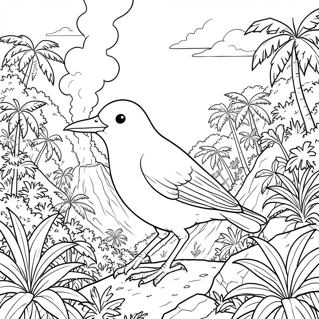 Độc lập, một con chim, một đầu, hai mắt, một mỏ, hai cánh, hai chân, một đuôi, tỷ lệ tự nhiên, quy mô thích hợp trong môi trường, đúng giải phẫu, chim, Miệng núi lửa, Hút thuốc, rừng nhiệt đới, sườn dốc, thảm thực vật rậm rạp, Địa hình đá, Bầu trời, Ánh sáng mặt trời, siêu thực, Khí quyển, trang màu, nghệ thuật đường, nền trắng, Solo, chủ đề đơn, Đúng giải phẫu, Giải phẫu hoàn hảo