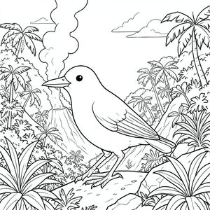 Độc lập, một con chim, một đầu, hai mắt, một mỏ, hai cánh, hai chân, một đuôi, tỷ lệ tự nhiên, quy mô thích hợp trong môi trường, đúng giải phẫu, chim, Miệng núi lửa, Hút thuốc, rừng nhiệt đới, sườn dốc, thảm thực vật rậm rạp, Địa hình đá, Bầu trời, Ánh sáng mặt trời, siêu thực, Khí quyển, trang màu, nghệ thuật đường, nền trắng, Solo, chủ đề đơn, Đúng giải phẫu, Giải phẫu hoàn hảo