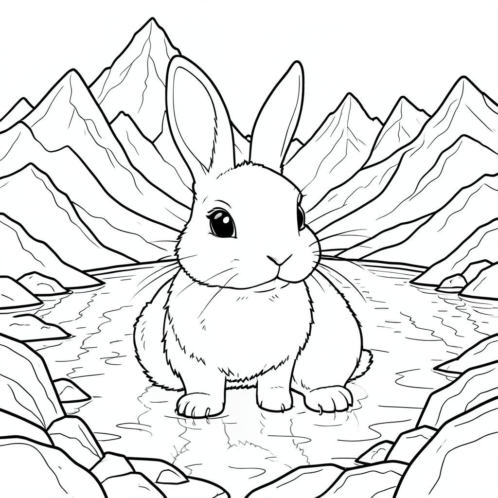 solo, chủ đề đơn, một đầu, hai mắt, hai tai, bốn chân, một đuôi, tỷ lệ tự nhiên, quy mô thích hợp trong môi trường, đúng giải phẫu, thỏ, hồ, băng giá, đỉnh răng cưa, núi, địa hình đá, tuyết, ánh sáng mặt trời, phản chiếu, chiều sâu, phối cảnh, trang màu, nghệ thuật đường, nền trắng, solo, chủ đề đơn, chính xác về mặt giải phẫu, giải phẫu hoàn hảo