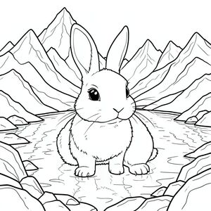 solo, chủ đề đơn, một đầu, hai mắt, hai tai, bốn chân, một đuôi, tỷ lệ tự nhiên, quy mô thích hợp trong môi trường, đúng giải phẫu, thỏ, hồ, băng giá, đỉnh răng cưa, núi, địa hình đá, tuyết, ánh sáng mặt trời, phản chiếu, chiều sâu, phối cảnh, trang màu, nghệ thuật đường, nền trắng, solo, chủ đề đơn, chính xác về mặt giải phẫu, giải phẫu hoàn hảo