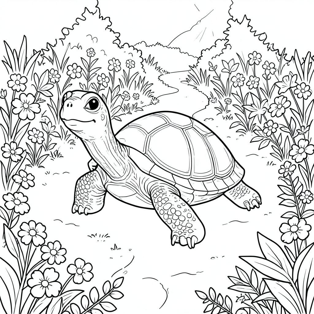 solo, rùa đơn, một đầu, hai mắt, bốn chân, một vỏ, một đuôi, bàn chân trên nền vững chắc, tỷ lệ tự nhiên, quy mô thích hợp trong môi trường, đúng về mặt giải phẫu, rùa, vườn, con đường quanh co, lót hoa, đường dẫn, ánh sáng mặt trời, tán lá, chi tiết, thực tế, siêu thực, giống như mơ, trang màu, nghệ thuật đường, nền trắng, solo, chủ đề đơn, đúng giải phẫu, giải phẫu hoàn hảo