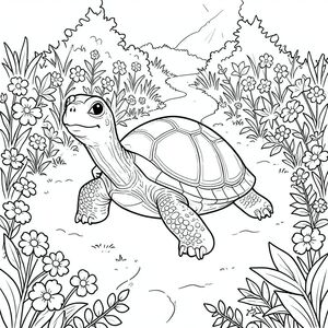 solo, rùa đơn, một đầu, hai mắt, bốn chân, một vỏ, một đuôi, bàn chân trên nền vững chắc, tỷ lệ tự nhiên, quy mô thích hợp trong môi trường, đúng về mặt giải phẫu, rùa, vườn, con đường quanh co, lót hoa, đường dẫn, ánh sáng mặt trời, tán lá, chi tiết, thực tế, siêu thực, giống như mơ, trang màu, nghệ thuật đường, nền trắng, solo, chủ đề đơn, đúng giải phẫu, giải phẫu hoàn hảo