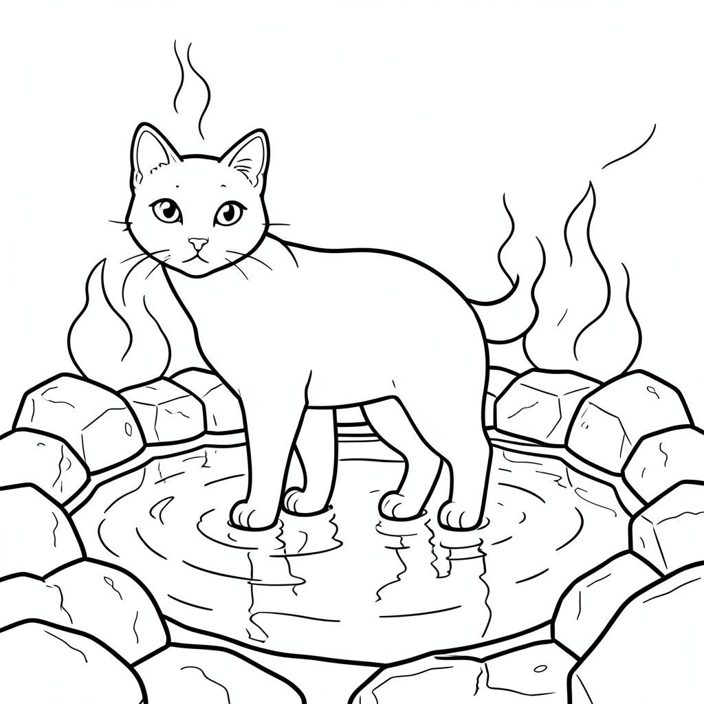 solo, chủ đề đơn, một đầu, hai mắt, hai tai, bốn chân, một đuôi, tỷ lệ tự nhiên, quy mô thích hợp trong môi trường, chính xác về mặt giải phẫu, mèo, tiền gửi khoáng, nước hấp, nước nóng, hồ bơi, đá, đá, phản chiếu, hơi, nhiệt, độ sâu, trang màu, nghệ thuật đường, nền trắng, solo, chủ đề đơn, chính xác về mặt giải phẫu, giải phẫu hoàn hảo